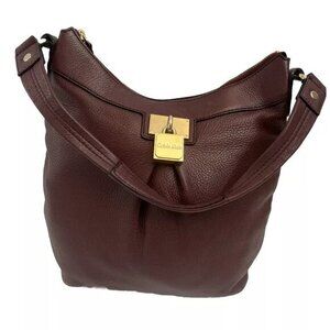 Calvin Klein Handbag Leather Satchel Burgundy Wine Shoulder Bag Tote Purse Fully